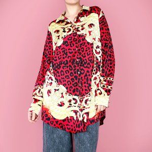 Guess red satin long sleeve blouse w/ animal + filigree print